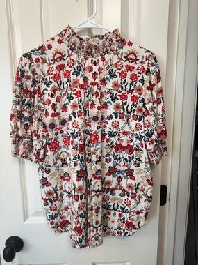 LOFT Floral Smocked Neck Blouse in Cream, Red, Navy and Tan